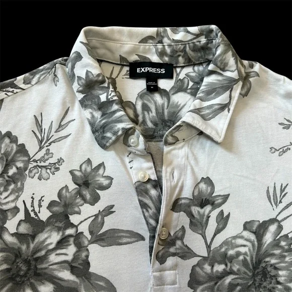 Express Polo Shirt Mens Medium White Floral Short Sleeve Collar Neck - Picture 3 of 6